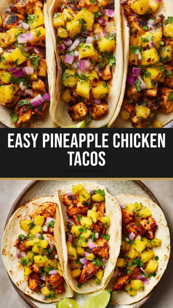 Vibrant Pineapple Chicken Tacos 3 Three soft flour tortillas arranged on a rustic plate, generously filled with seared chicken and bright yellow pineapple salsa, with a lime wedge on the side.