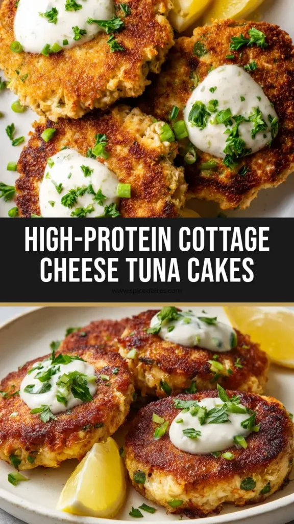 Crispy Cottage Cheese Tuna Cakes 4 Three golden brown pan-fried Cottage Cheese Tuna Cakes on a white plate with white sauce, parsley, and lemon wedges.