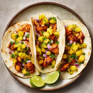 Vibrant Pineapple Chicken Tacos 4 Close-up of fresh taco ingredients including bright yellow diced pineapple, chopped red onion, cilantro, limes, and soft flour tortillas.