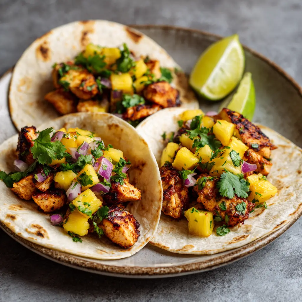 Vibrant Pineapple Chicken Tacos 1 Bite-sized chunks of seasoned chicken breast searing in a skillet to achieve a golden, slightly charred crust.