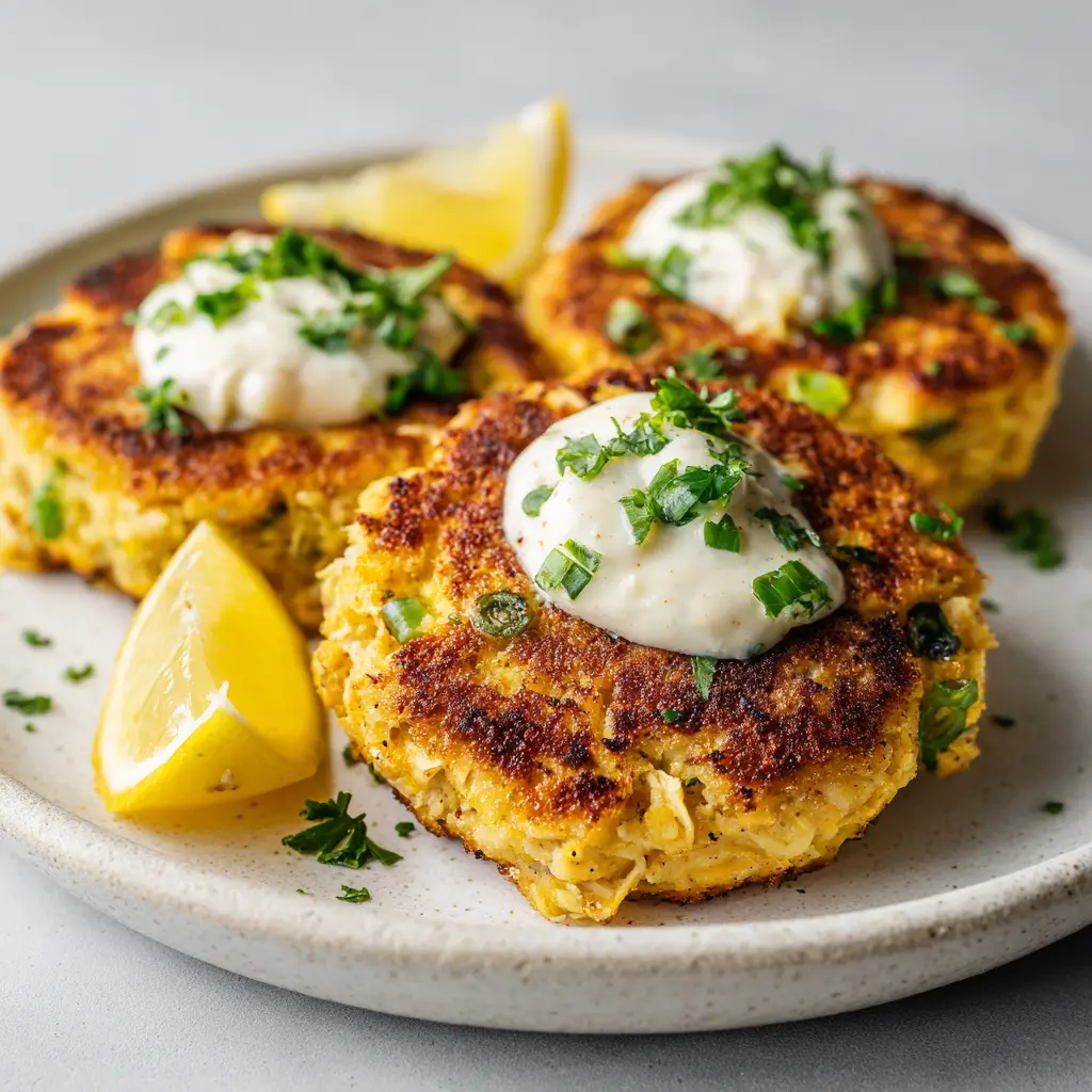 Crispy Cottage Cheese Tuna Cakes 1 Golden brown pan-fried tuna cakes resting on a matte white ceramic plate, topped with creamy white sauce and chopped parsley.