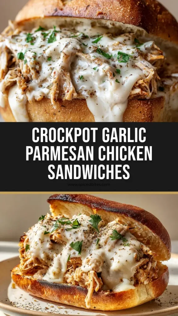 Crockpot Garlic Parmesan Chicken Sandwiches 3 A close up of a hot Crockpot Garlic Parmesan Chicken Sandwich on a thick hoagie roll with melted mozzarella.