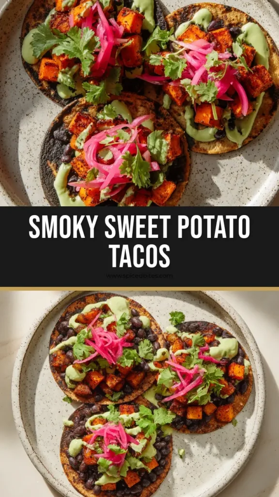 Three warm charred corn tortillas on a speckled ceramic plate, filled with plump black beans, roasted sweet potatoes, avocado crema, pickled onions, and cilantro.