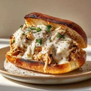 Crockpot Garlic Parmesan Chicken Sandwiches 4 Steaming tender pulled shredded chicken smothered in a rich creamy white garlic parmesan sauce on a split hoagie roll.