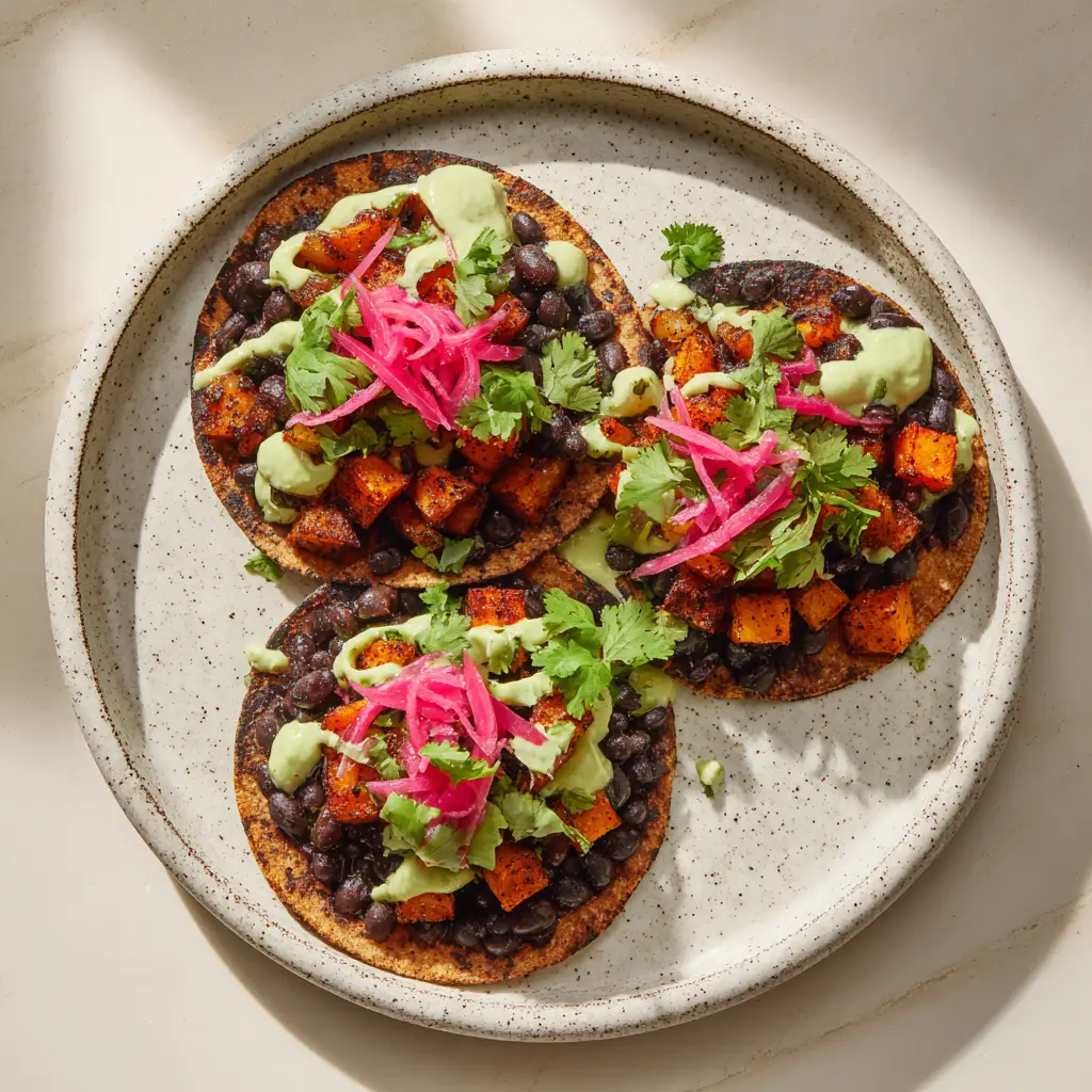 Thick pale green avocado crema drizzled over roasted sweet potato tacos in a striking zig-zag pattern.
