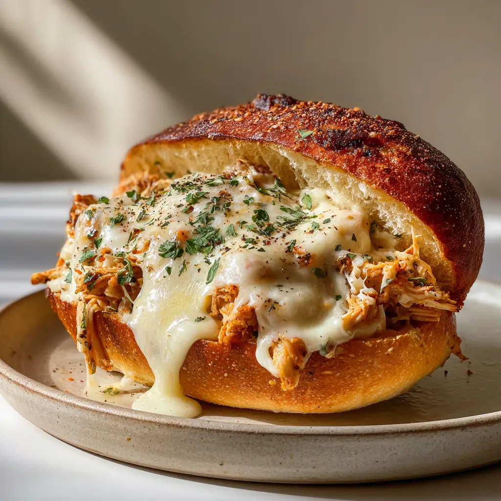 Crockpot Garlic Parmesan Chicken Sandwiches 1 Gooey melted slightly blistered mozzarella cheese overhanging the sides of a crusty bread hoagie roll garnished with fresh parsley.