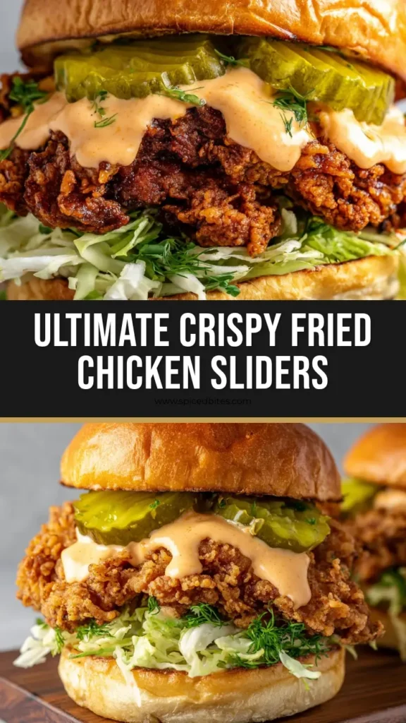 A towering stacked crispy fried chicken slider with a jagged crust, creamy orange sauce, pickles, and lettuce on a wooden cutting board.