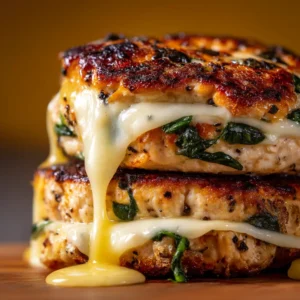 An extreme close-up of a juicy grilled chicken burger with melted white cheddar cheese and visible flecks of spinach on a toasted bun.