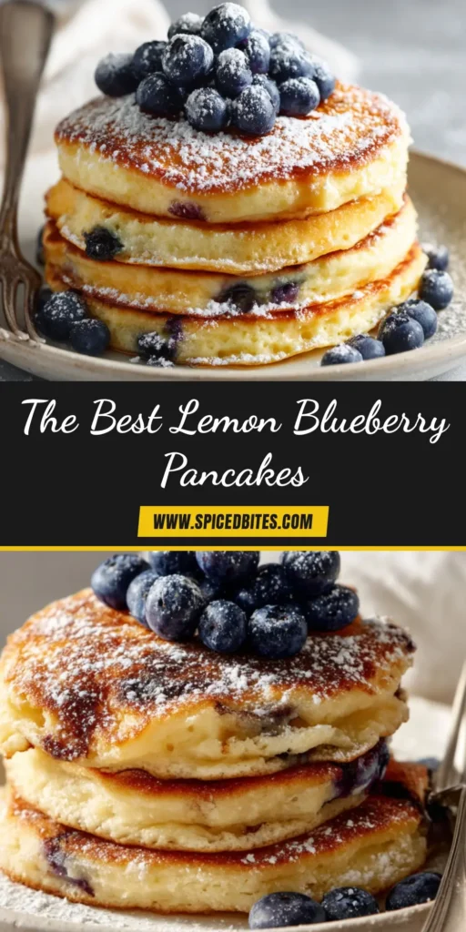 A tall, beautiful stack of fluffy lemon blueberry pancakes, drizzled with maple syrup and garnished with fresh blueberries and a twist of lemon zest. The perfect weekend breakfast.