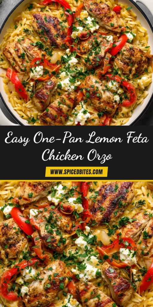 A vibrant bowl of Lemon Feta Chicken and Orzo, garnished with fresh dill and a lemon wedge. A perfect one-pan, 30-minute meal.