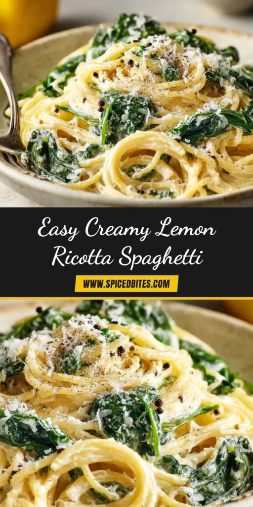 Lemon Ricotta Spaghetti: The Ultimate Creamy Pasta Recipe 3 A stunning overhead shot of Lemon Ricotta Spaghetti in a white bowl, garnished with fresh basil and lemon zest. The perfect pin to showcase this easy and creamy pasta recipe.