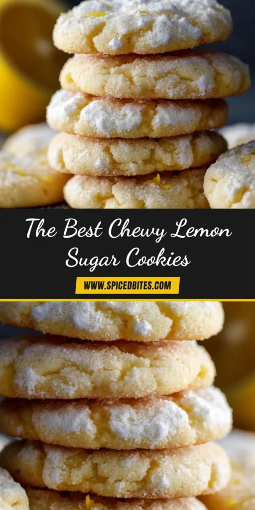 Lemon Sugar Cookies: The Ultimate Recipe for Soft & Chewy Treats 4 A stack of freshly baked lemon sugar cookies with a crackled sugar topping, one with a bite taken out, resting on a white plate with fresh lemons.