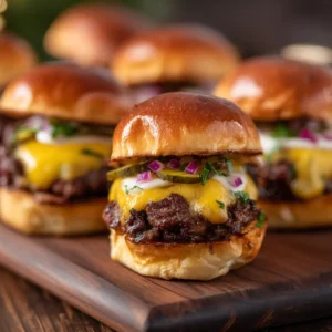 Smash Burger Sliders: The Ultimate Crowd-Pleasing Recipe 4 A close-up of mini smash burgers on a wooden platter, ready for a party. The focus is on the juicy patties and melted cheese.