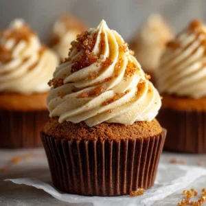A close-up shot of a moist gingerbread cupcake with rich coffee frosting, highlighting the perfect crumb and texture of the holiday spiced cake.