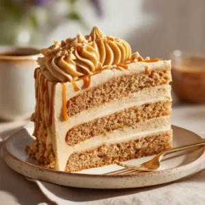 Peanut Butter Cake Recipe: The Ultimate Guide to a Moist & Dreamy Dessert 4 A perfect slice of moist peanut butter cake on a plate, ready to be eaten. The layers are clearly visible, with a thick coating of creamy frosting.