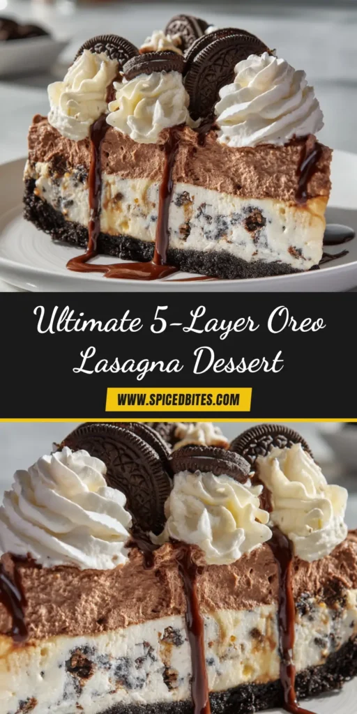 Oreo Lasagna: The Ultimate No-Bake Chocolate Dessert 3 A large slice of no-bake Oreo lasagna on a white plate, showing distinct layers of Oreo crust, cream cheese filling, chocolate pudding, and whipped topping, garnished with chocolate shavings.