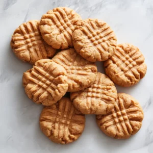 Oat Flour Peanut Butter Cookies (The Ultimate Chewy Recipe) 4 An overhead flat lay of freshly baked oat flour peanut butter cookies cooling on a wire rack, showcasing their golden color and crisscross pattern.
