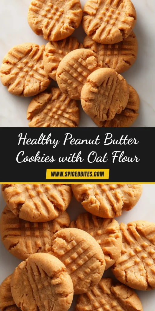 Oat Flour Peanut Butter Cookies (The Ultimate Chewy Recipe) 3 A shareable pin image for chewy oat flour peanut butter cookies, showing a stack of golden cookies with text overlay.