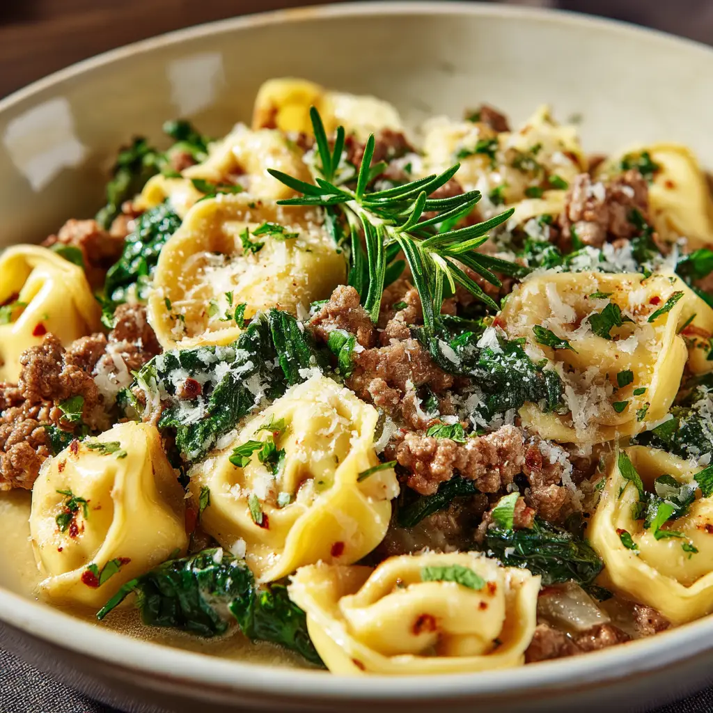 Beef and Spinach Tortellini: A 30-Minute One-Pan Meal 1 A serving of the finished one-pan beef and spinach tortellini in a rustic skillet, ready to be served.