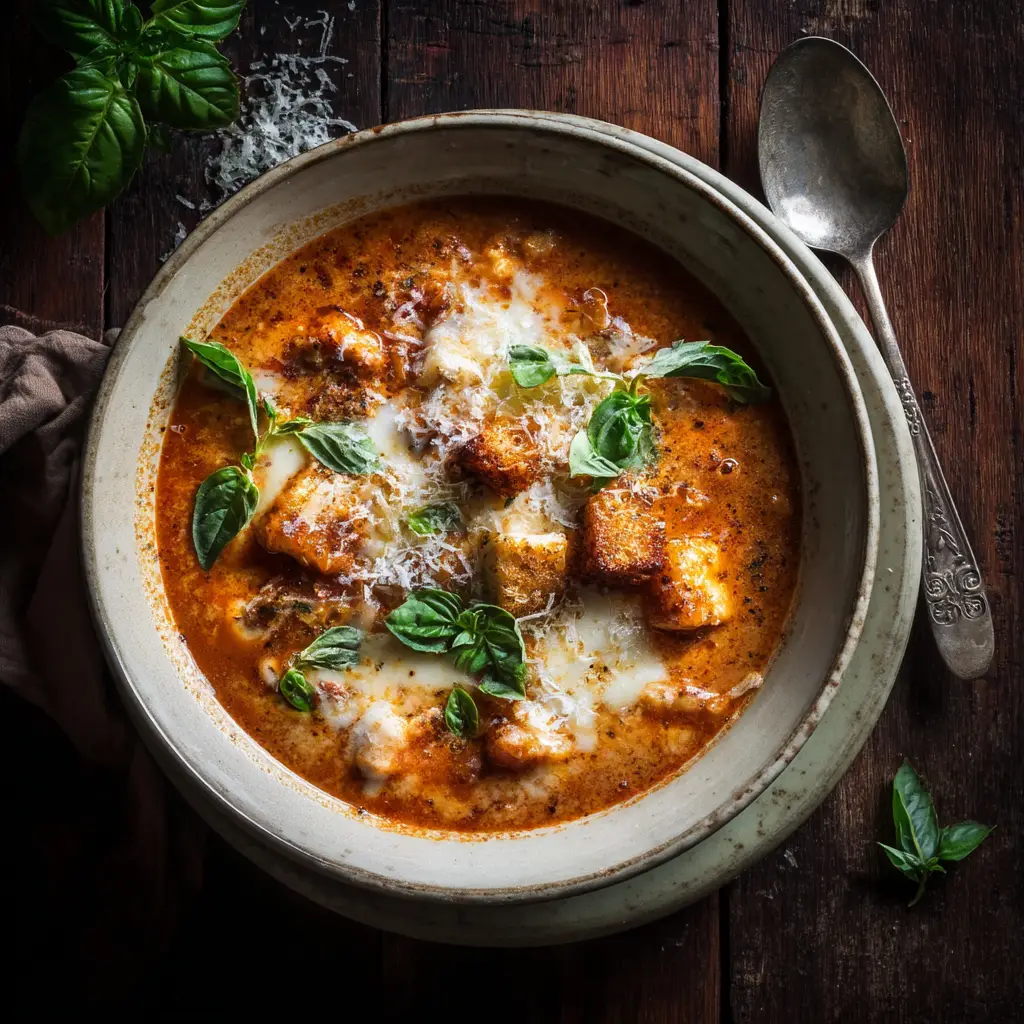 A beautiful bowl of one-pot chicken parm soup, garnished with fresh basil leaves. This image captures the homemade, rustic feel of the recipe.