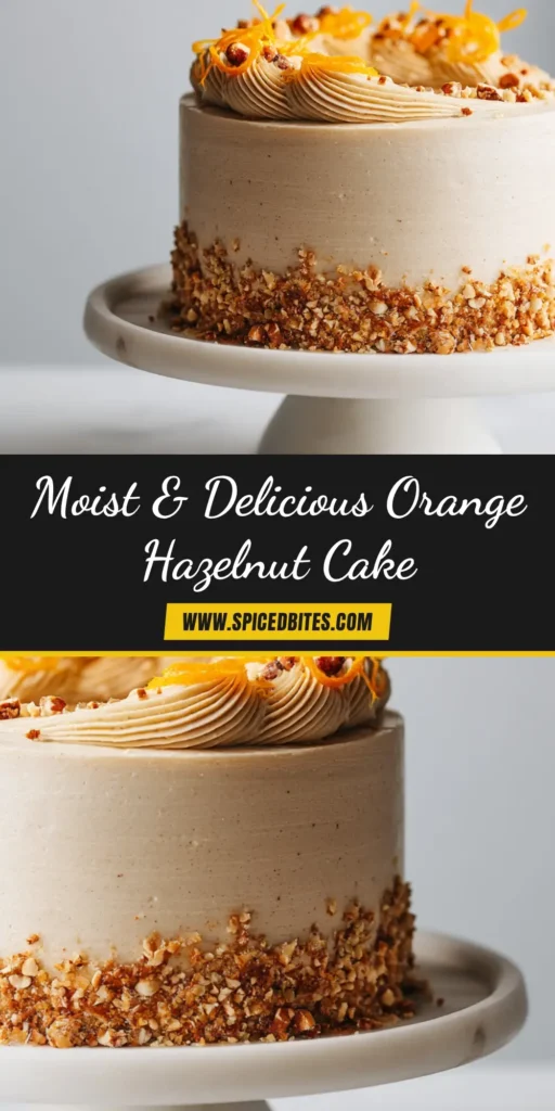 Orange Hazelnut Cake Recipe (The BEST Moist Crumb!) 3 A beautiful slice of moist orange hazelnut cake on a white plate, showcasing the tender crumb and creamy frosting. The full cake is visible in the background.