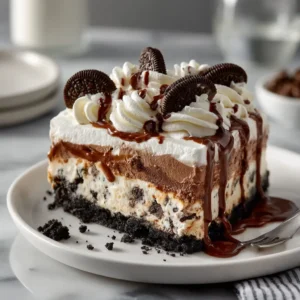 Oreo Lasagna: The Ultimate No-Bake Chocolate Dessert 4 A close-up view of a slice of chocolate lasagna, highlighting the creamy texture of the cream cheese and pudding layers.