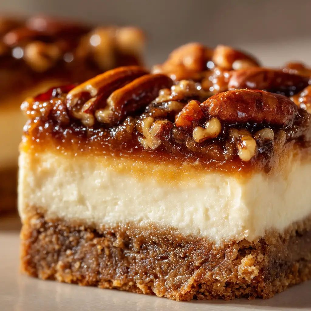 A full pan of freshly baked Pecan Pie Cheesecake Bars cooling on a wire rack, ready to be chilled and sliced.