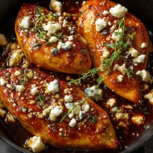 An extreme close-up overhead shot of pan-seared hot honey feta chicken. The texture of the golden-brown chicken and creamy feta is clearly visible.