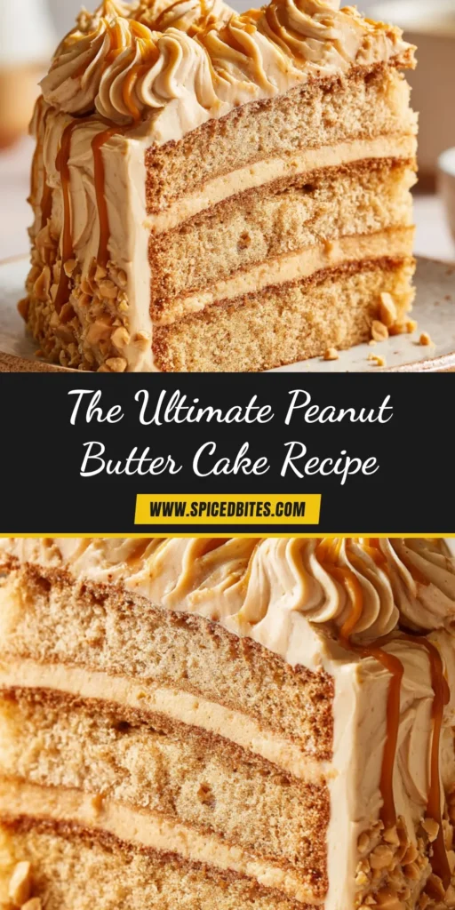 Peanut Butter Cake Recipe: The Ultimate Guide to a Moist & Dreamy Dessert 3 A tall slice of a layered peanut butter cake recipe on a white plate, showcasing the creamy peanut butter frosting between the layers and on top. The background is soft and light.