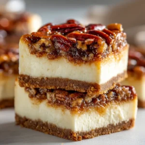 An extreme close-up of a Pecan Pie Cheesecake Bar, highlighting the creamy texture of the cheesecake layer and the glossy, nutty pecan pie topping.