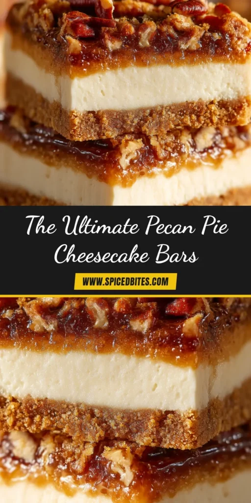 A stack of perfectly cut Pecan Pie Cheesecake Bars on a plate, showcasing the distinct layers of shortbread crust, creamy cheesecake, and a gooey pecan topping.