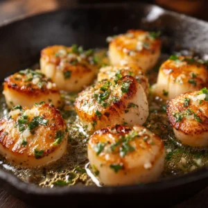 An extreme close-up of a pan-seared scallop with a perfect golden-brown crust, glistening in a lemon butter sauce.