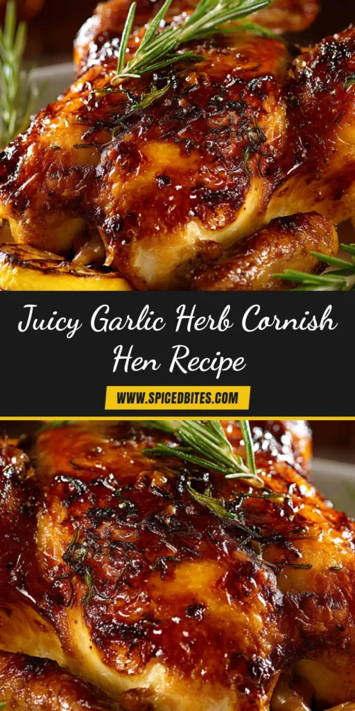 Roasted Cornish Hen: The Ultimate Guide to a Perfect-Every-Time Meal 4 A perfectly Roasted Cornish Hen served whole on a white plate, showcasing its golden-brown, crispy skin and garnished with fresh herbs. This image illustrates the final result of this easy recipe.