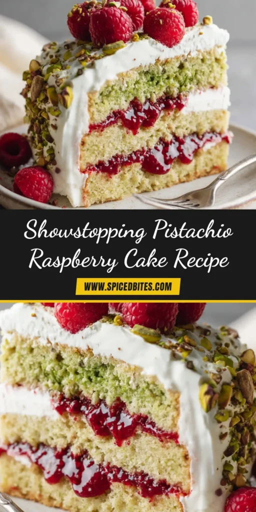A stunning multi-layered Pistachio Raspberry Cake on a cake stand, decorated with fresh raspberries and chopped pistachios.