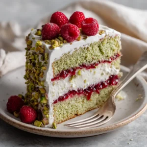 A perfect slice of pistachio raspberry layer cake on a white plate, showing the vibrant raspberry filling between the green pistachio cake layers.
