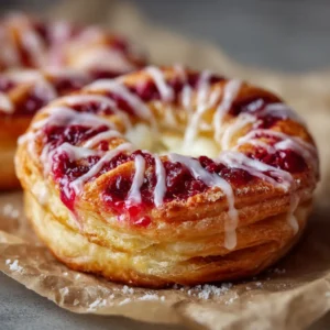 Raspberry Cheesecake Danish: The Ultimate Easy Treat 3 A close-up of a golden, flaky raspberry cheesecake danish fresh from the oven, showcasing the creamy filling and bright raspberries.