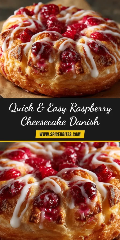 Raspberry Cheesecake Danish: The Ultimate Easy Treat 4 An overhead shot of a golden-baked Raspberry Cheesecake Danish on a white plate, ready to be shared on Pinterest.