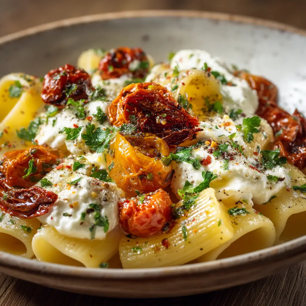 Roasted Tomato and Garlic Ricotta Pasta: The Ultimate Creamy Delight 1 A baking sheet with burst cherry tomatoes and a whole head of roasted garlic, showcasing the foundational flavors of the ricotta pasta dish.