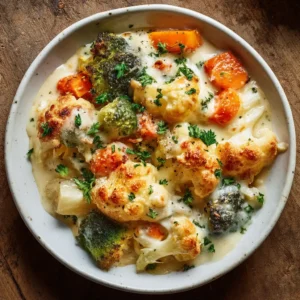 A close-up overhead shot of the winter vegetable casserole, highlighting the vibrant colors of the roasted vegetables under a cheesy, bubbly sauce.