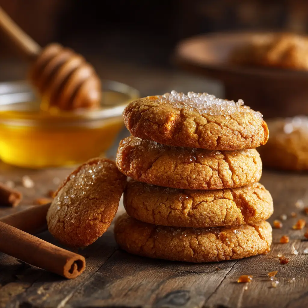 A salted honey cinnamon cookie broken in half to show the soft, chewy interior texture against a blurred background of more cookies.