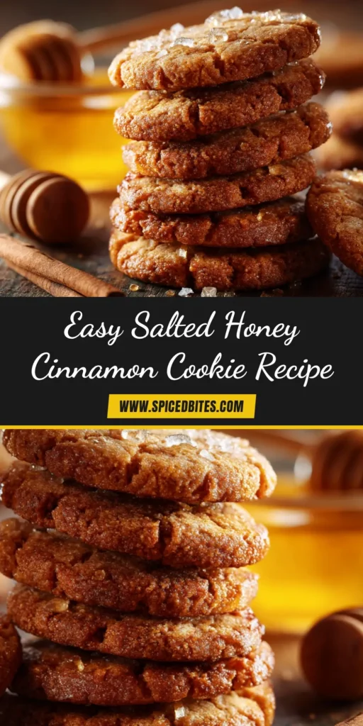 A stack of freshly baked salted honey cinnamon cookies with flaky sea salt on top, showing their chewy texture. The perfect recipe for a sweet and salty treat.