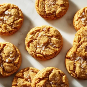 A close-up overhead shot of Salted Honey Cookies cooling on a wire rack. The texture of the cookies and the sparkling sea salt are emphasized.