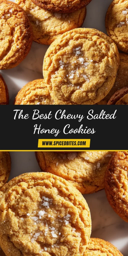 A stack of freshly baked Salted Honey Cookies on parchment paper, with one broken in half to show the chewy center. Flaky sea salt is visible on top.