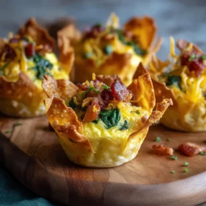 Egg Bite Cups: The Ultimate Meal-Prep Breakfast 4 A close-up of savory egg bite cups in a muffin tin, showing the fluffy egg filling and crispy wonton edges before serving.