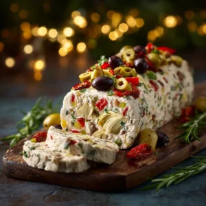 Antipasto Cream Cheese Log (The Ultimate Party Appetizer) 4 A close-up shot of a slice of the savory cream cheese appetizer on a cracker, showing the texture of the salami, olives, and peppers inside.
