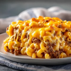 A scoop of homemade beef and macaroni casserole being lifted from a baking dish, showing off the gooey, melted cheese topping and savory ground beef sauce.