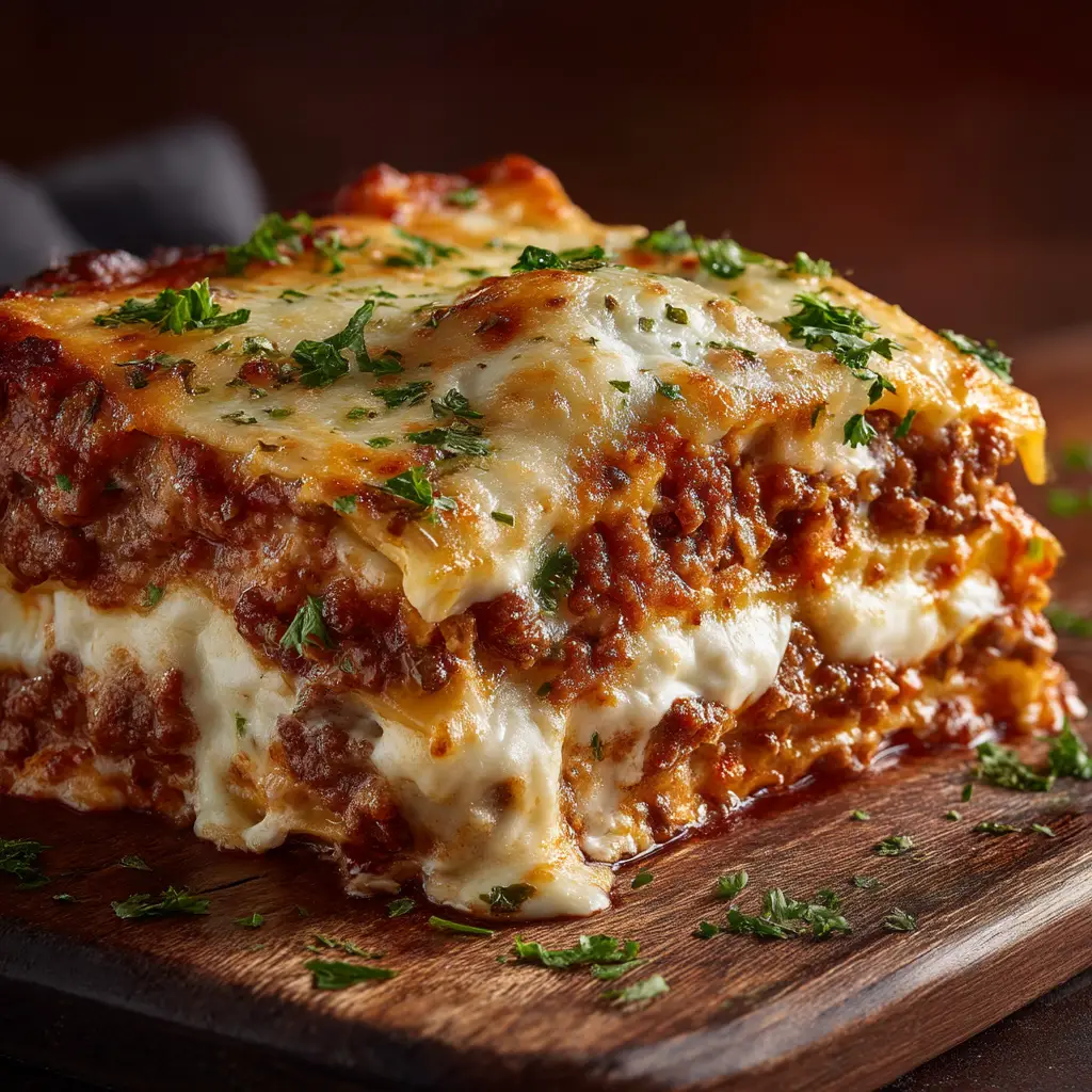 Beef Lasagna Recipe (Classic & Comforting) 1 A serving of classic beef lasagna being lifted from a baking dish with a spatula, revealing a cheesy, delicious interior.