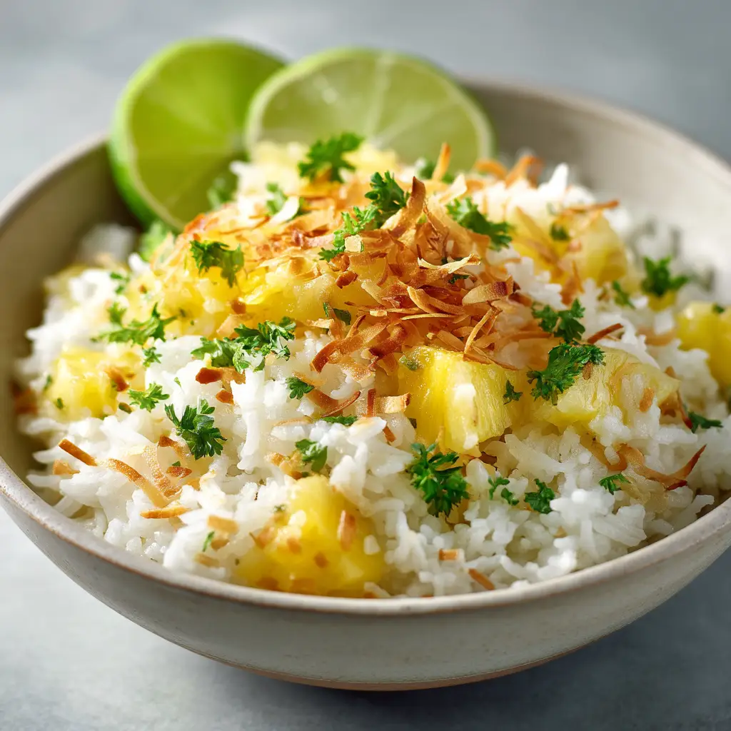 Coconut Pineapple Rice: A Perfect Tropical Side Dish 1 A beautiful serving of tropical pineapple rice in a rustic bowl, garnished with fresh cilantro, ready to be served.