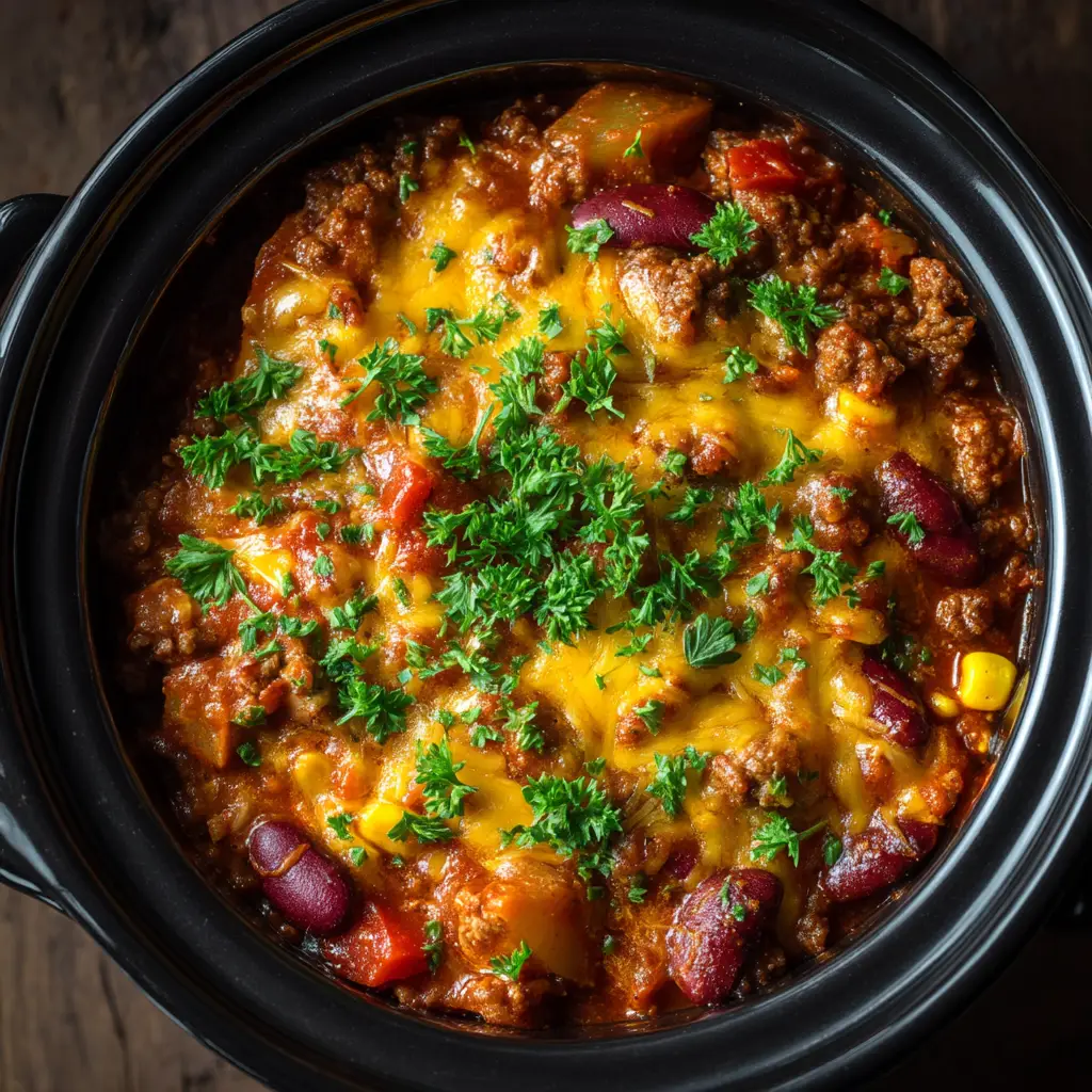 Slow Cooker Cowboy Casserole (The Ultimate Hearty & Easy Recipe) 1 A scoop of finished slow cooker tater tot casserole on a white plate, ready to eat.