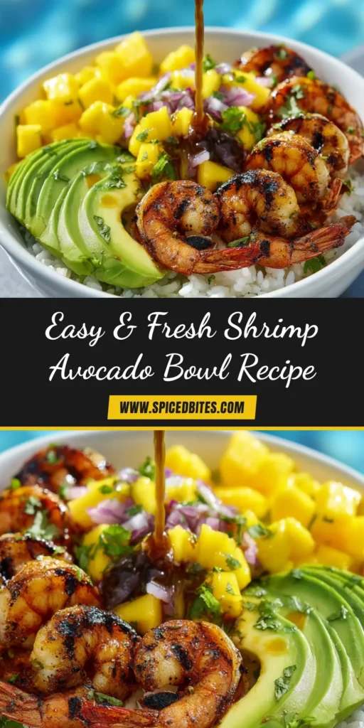 A vibrant and healthy Shrimp and Avocado Bowl with a cilantro-lime dressing, shown in a white bowl, perfect for a quick lunch or dinner.